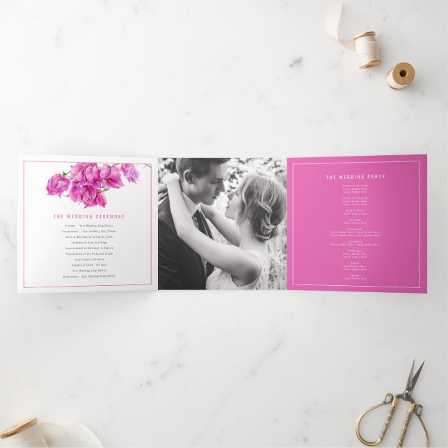 Bougainvillea pink flowers watercolor wedding Tri- Tri-Fold Program (Inside)