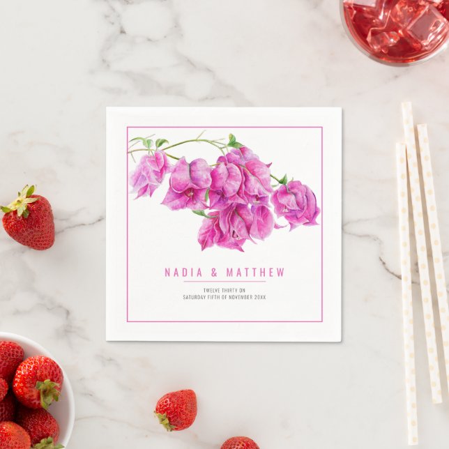 Bougainvillea pink purple watercolor wedding art napkins (Insitu)