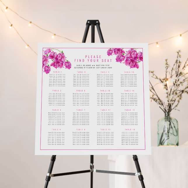 Bougainvillea pink wedding 16 table seating chart foam board (In Situ (Stand))