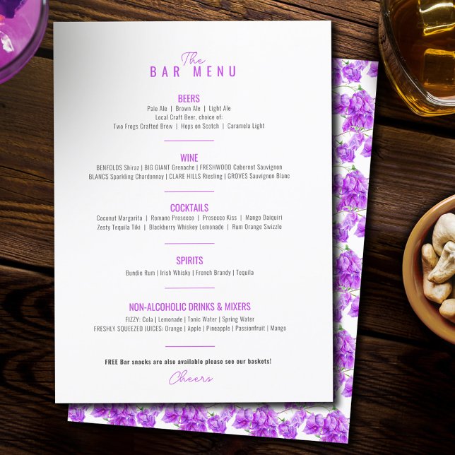 Bougainvillea purple watercolor wedding bar menu (Creator Uploaded)