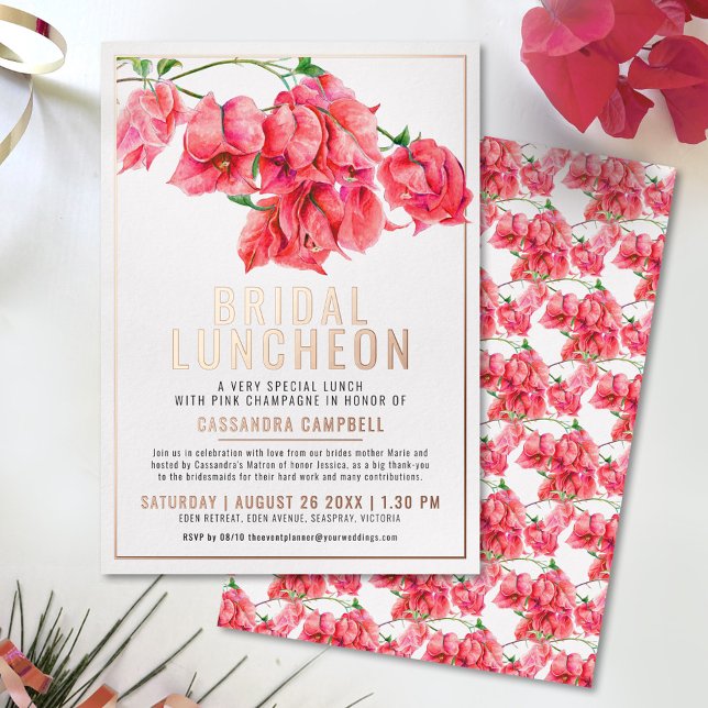 Bougainvillea red coral pink white bridal luncheon foil invitation (Creator Uploaded)