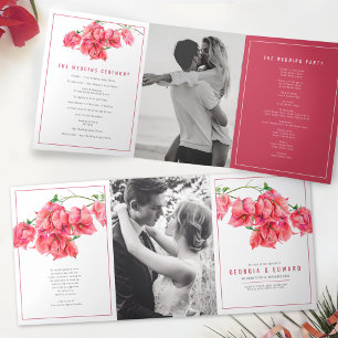 Bougainvillea red flowers watercolor wedding Tri-Fold program