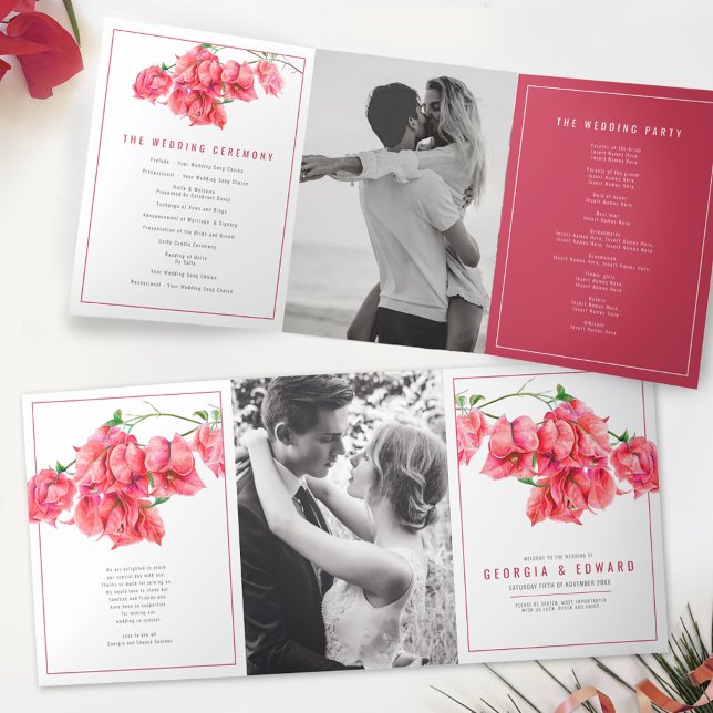 Bougainvillea red flowers watercolor wedding Tri-Fold program (Creator Uploaded)
