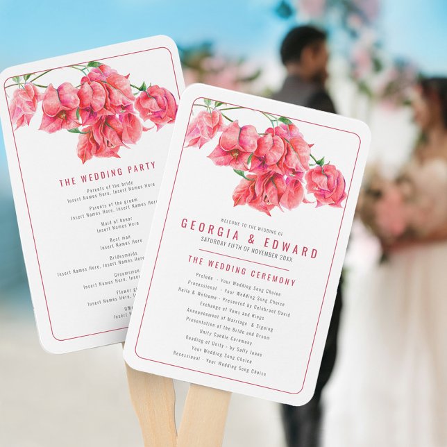 Bougainvillea red pink watercolor wedding program hand fan (Creator Uploaded)