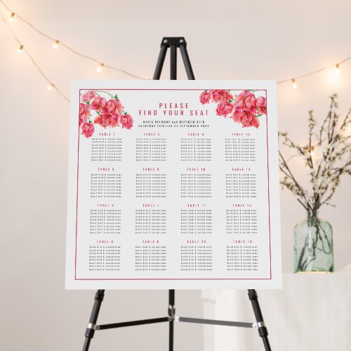 Bougainvillea red wedding 16 table seating chart foam board