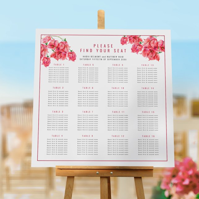 Bougainvillea red wedding 16 table seating chart foam board (Creator Uploaded)