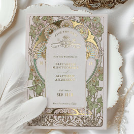 Bougainvillea Save The Date Green Gold Art Nouveau Foil Invitation