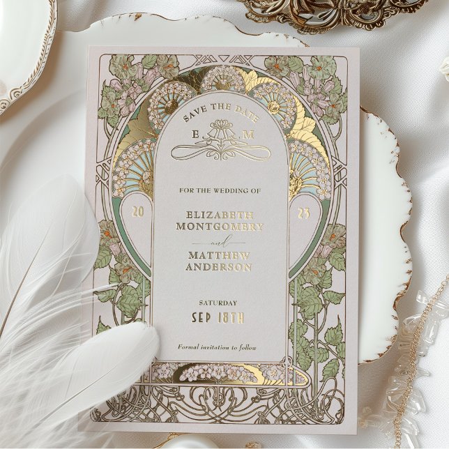 Bougainvillea Save The Date Green Gold Art Nouveau Foil Invitation (Creator Uploaded)