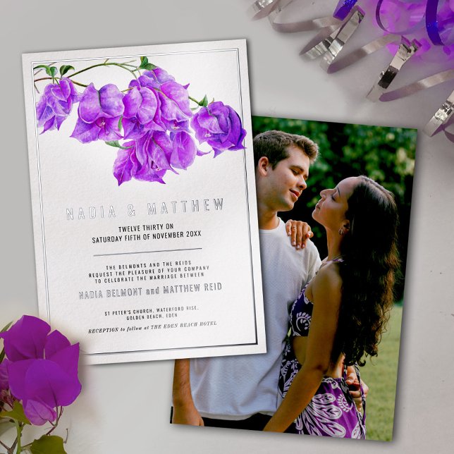 Bougainvillea silver purple watercolor wedding foil invitation (Creator Uploaded)
