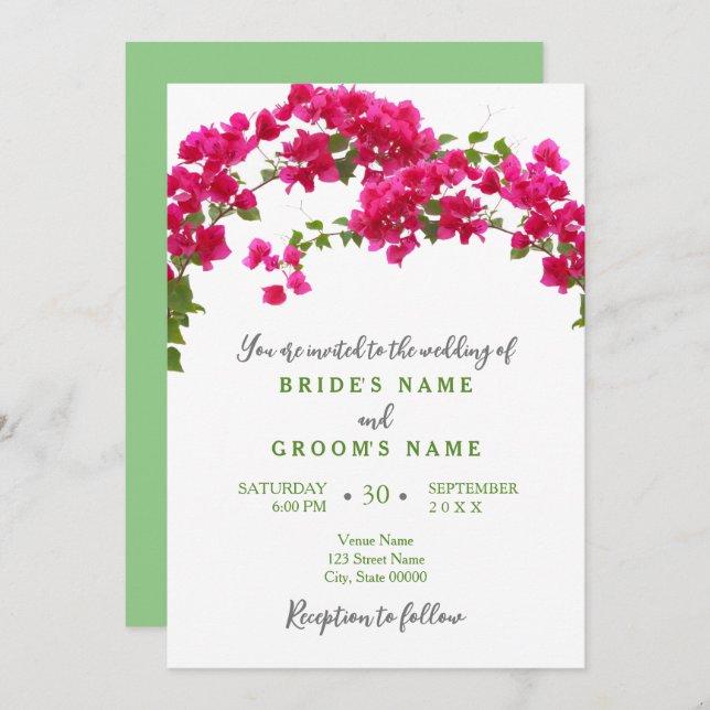 Bougainvillea tropical green fuchsia wedding invitation (Front/Back)