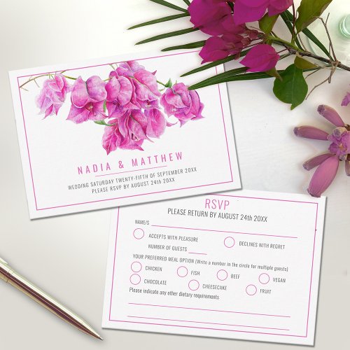 Bougainvillea watercolor pink white wedding meal RSVP card