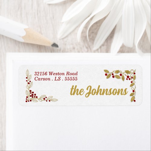 Boughs of Holly Gold Red Holiday Christmas Address Label