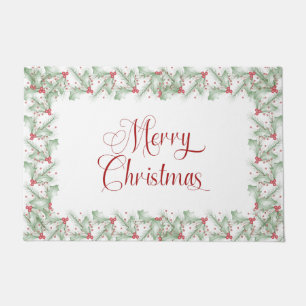 Boughs of Holly Leaves and Lush Red Berries Doormat
