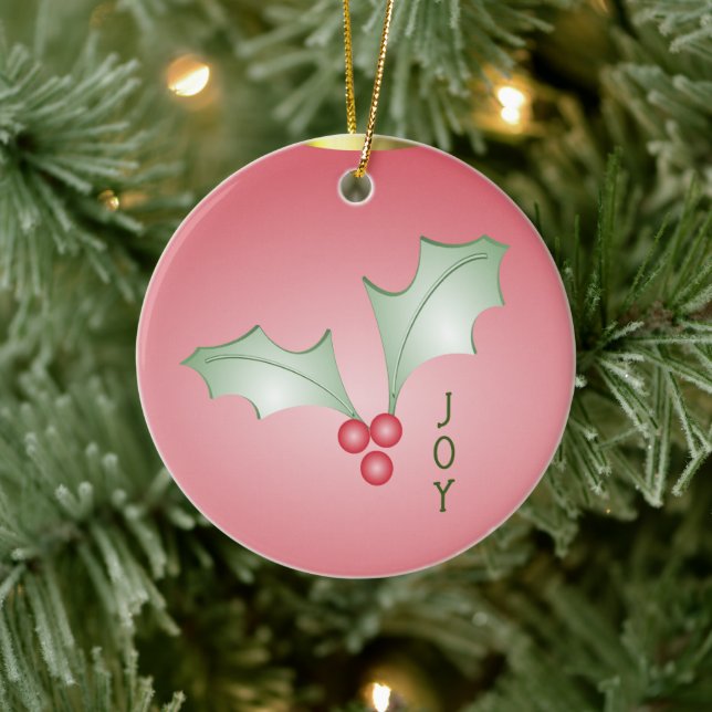 Boughs of Holly Light Green Pink Christmas Ceramic Ornament (Tree)