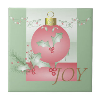 Boughs of Holly Light Green Pink Christmas Ceramic Tile