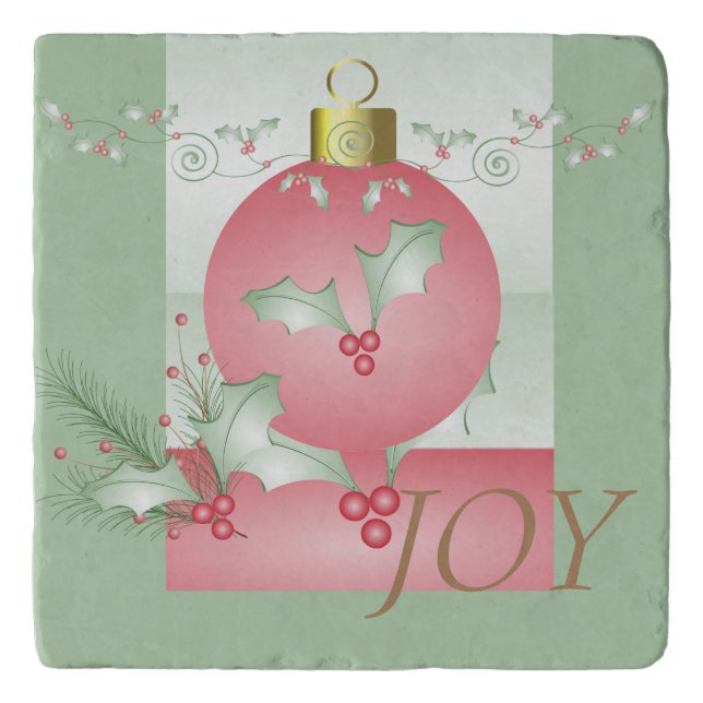 Boughs of Holly Light Green Pink Christmas Trivet (Front)