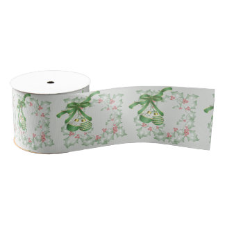 Boughs of Holly Light Green Pink Grosgrain Ribbon