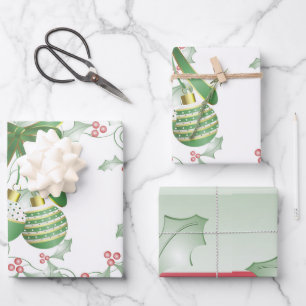 Boughs of Holly Light Green Pink Wrapping Paper Sheets