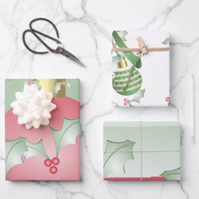 Boughs of Holly Light Green Pink Wrapping Paper Sheets (Front)
