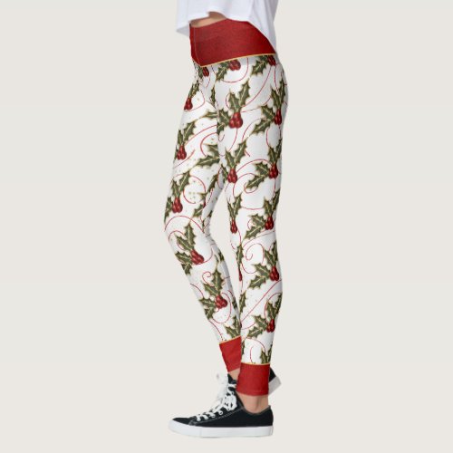 Boughs of Holly with Red and Gold Stylish Leggings