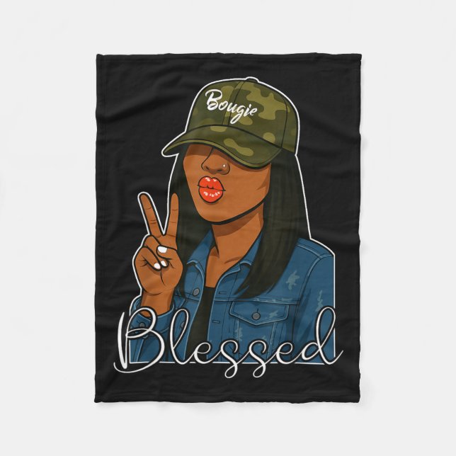 Bougie Blessed Camo Hat Christian Black Woman  Fleece Blanket (Front)