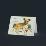 Bougie Brindle Dog Enjoying Wine | Happy Birthday Card<br><div class="desc">This is a watercolor painting of a dog laying down leaning against a luxurious looking pillow with tassels. She has a glass of red wine in her paw.</div>