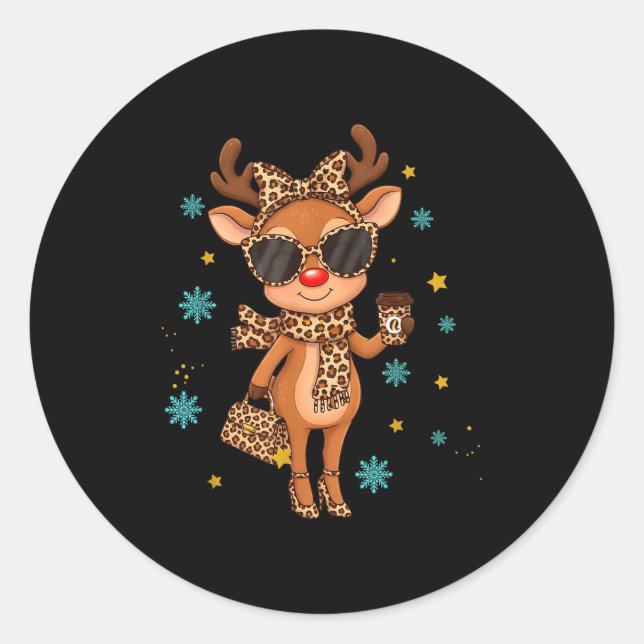 Boujee Reindeer Christmas Leopard Funny Gift Women Classic Round Sticker (Front)