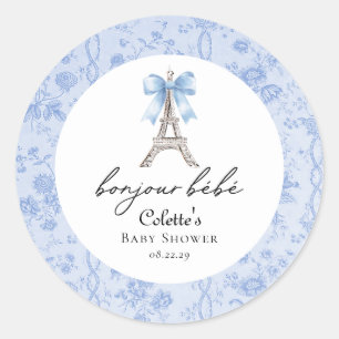 Boujour Bebe Paris French Toile Blue Baby Shower Classic Round Sticker