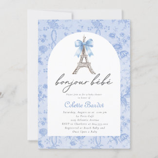 Boujour Bebe Paris French Toile Blue Baby Shower Invitation