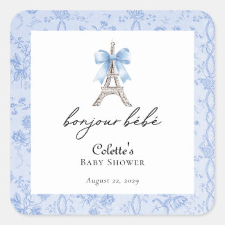 Boujour Bebe Paris French Toile Blue Baby Shower Square Sticker