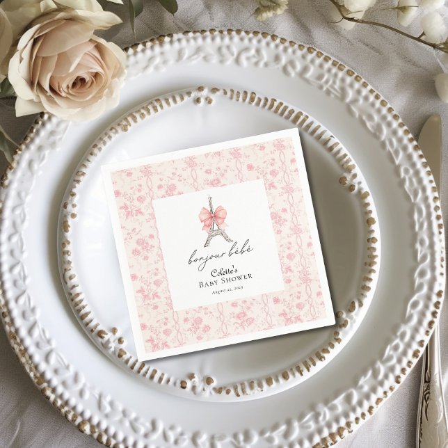 Boujour Bebe Paris French Toile Pink Baby Shower Napkins (Bon Jour Be be Baby Shower Cocktail Napkins )