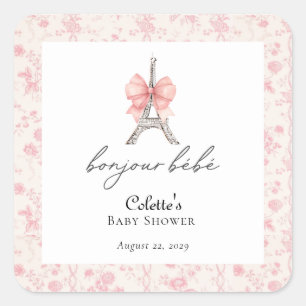 Boujour Bebe Paris French Toile Pink Baby Shower Square Sticker