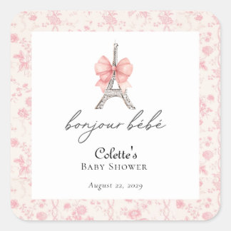 Boujour Bebe Paris French Toile Pink Baby Shower Square Sticker