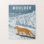 Boulder Colorado Cougar Retro Travel Art Vintage Jigsaw Puzzle<br><div class="desc">Boulder vector art design. Boulder is a city at the foothills of the Rocky Mountains,  in northern Colorado. To the west,  the trail-lined Flatirons are craggy rock formations overlooking the city.</div>