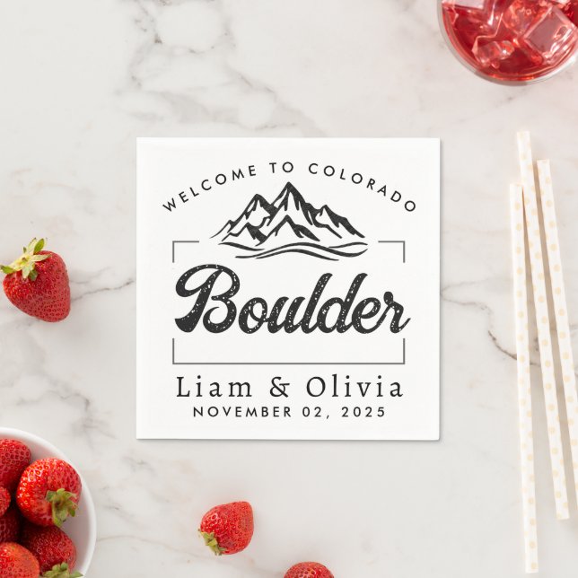 Boulder Colorado Wedding Minimalist Welcome Napkins (Insitu)