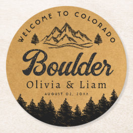 Boulder Colorado Wedding Minimalist Welcome Round Paper Coaster