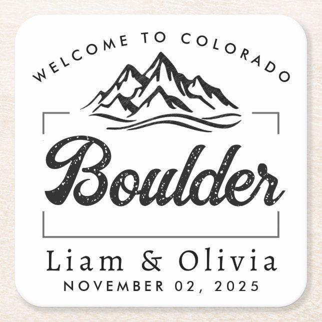 Boulder Colorado Wedding Minimalist Welcome Square Paper Coaster (Front)