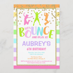 Bounce birthday party rainbow pastel glitter girl invitation