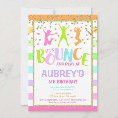 Bounce birthday party rainbow pastel glitter girl invitation
