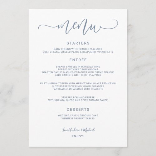 Bounce Calligraphy Swirly Dusty Blue Wedding Menu