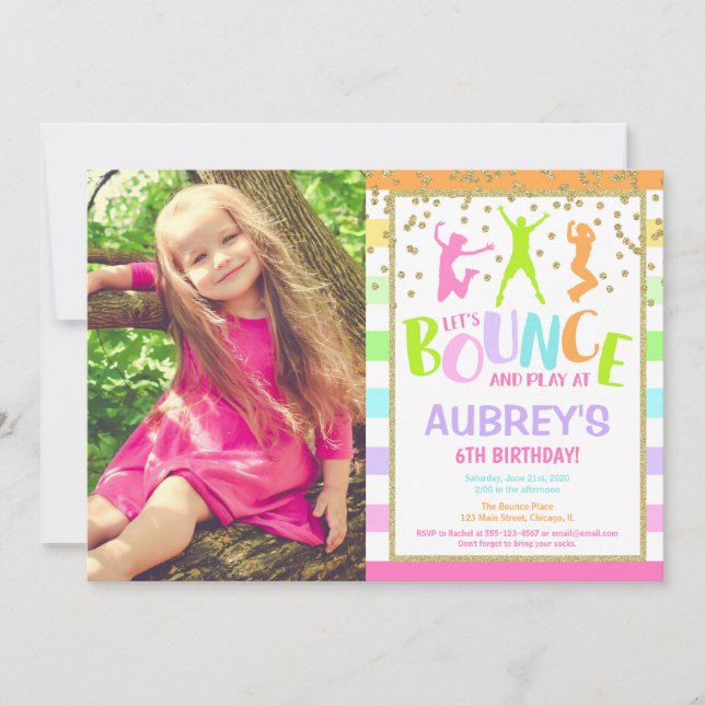 Bounce house birthday party colorful photo invitation (Front)