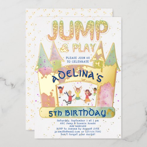 Bounce House Jump Play Gymnastics Kids Birthday Foil Invitation