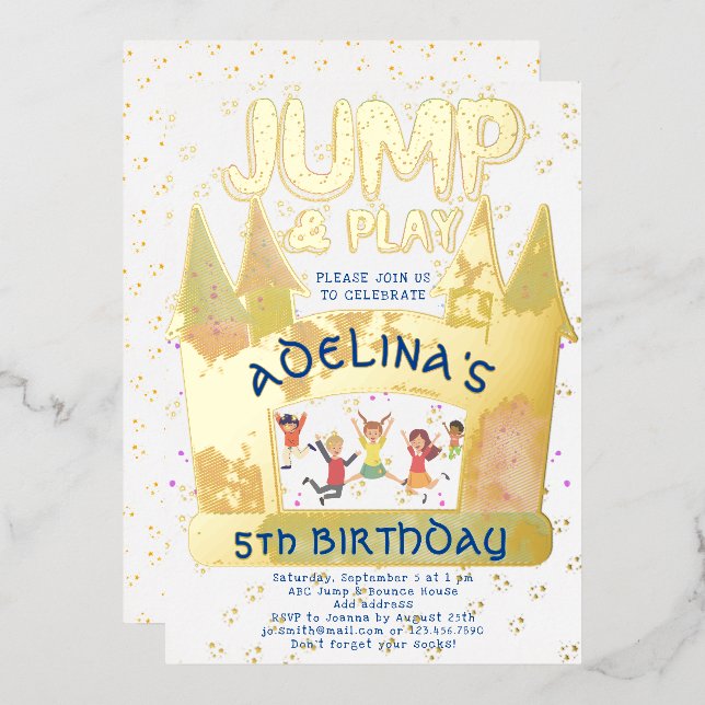 Bounce House Jump Play Gymnastics Kids Birthday Foil Invitation (Front/Back)