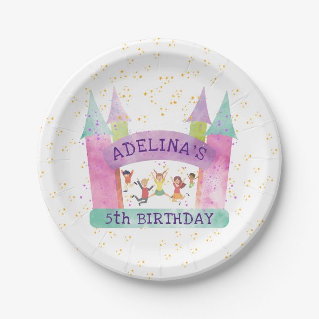 Bounce House Jump Play Gymnastics Kids Birthday Paper Plates (Front)