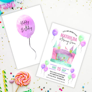 Bounce House Jump Trampoline Girl Birthday Party Invitation