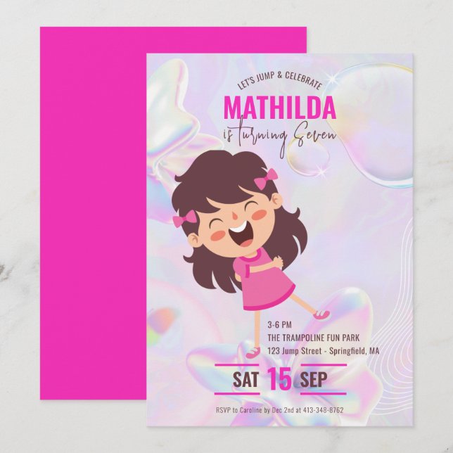 Bounce House Jump Trampoline Opal Girls Birthday Invitation (Front/Back)