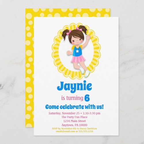 Bounce House Jumping Brunette Hair Girls Birthday Invitation