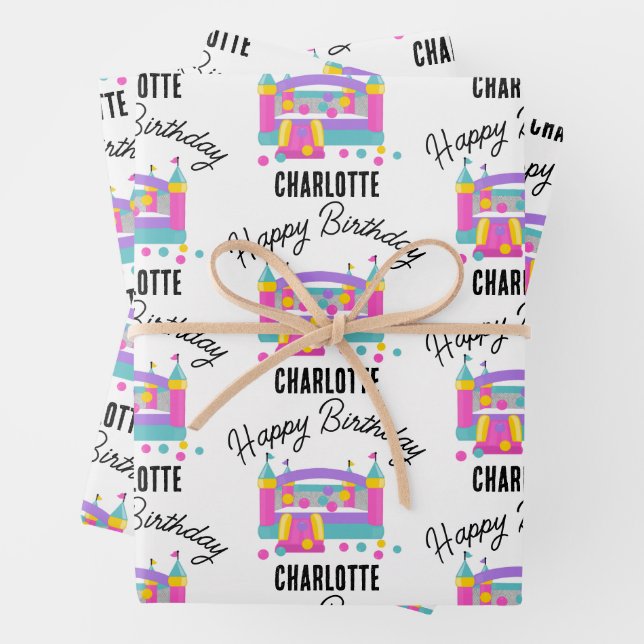 Bounce House Jumping Castle Girls Birthday Party Wrapping Paper Sheets (In situ)