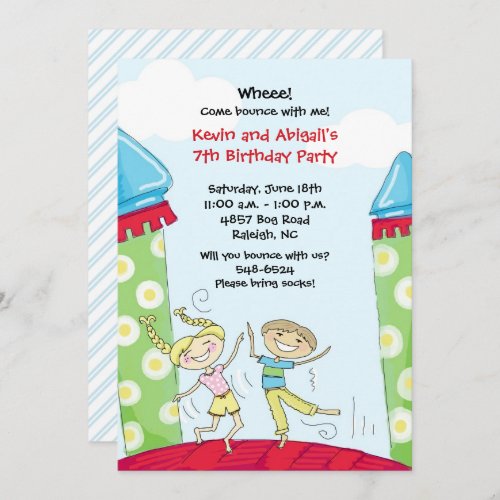 Bounce House Party Invitations Green Boy and Girl