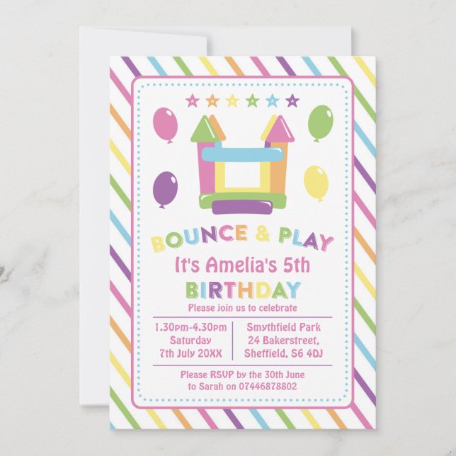 Bounce house themed birthday party invitation (Front)